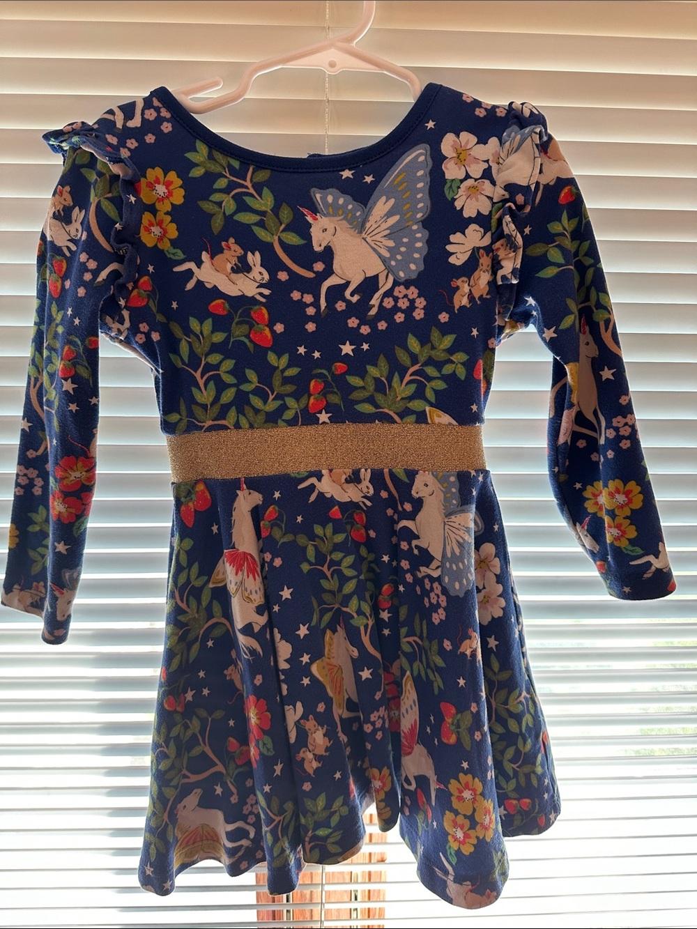 Mini Boden Navy Unicorn & Floral Knit Dress with Gold Waistband